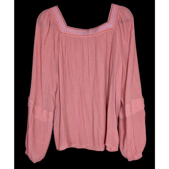 Lauren Conrad Women SZ XL Square Neck Embroidered Long Sleeve Blouse Peach - Picture 2 of 9